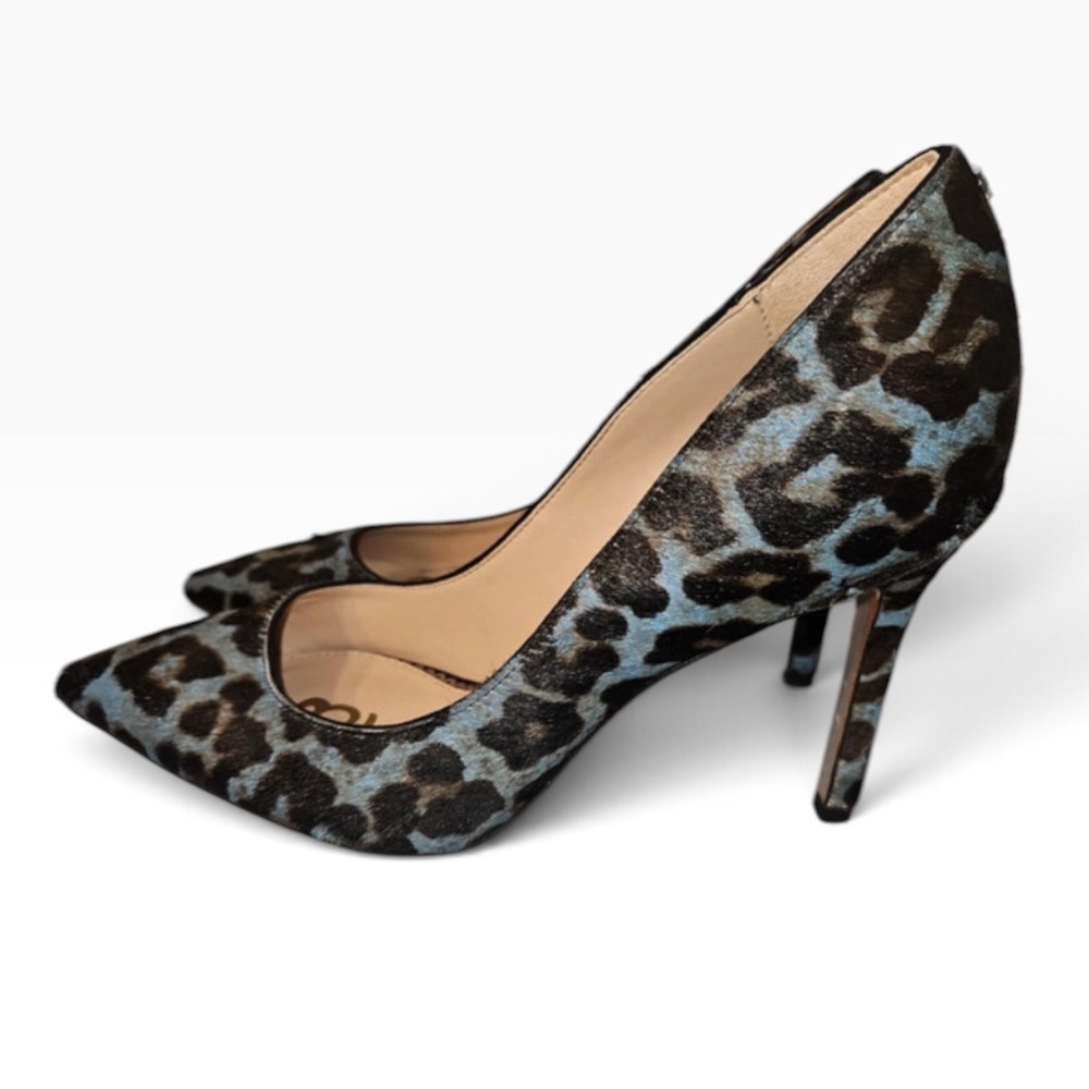 Sam Edelman Blue Leopard Print Faux Fur Stiletto Pumps Pointed Toe Heels